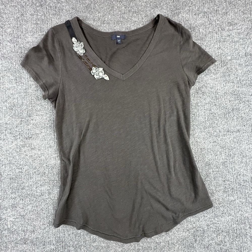 Gap T-Shirt Womens Large Brown Beaded Floral V Neck Short Sleeve Jersey Top